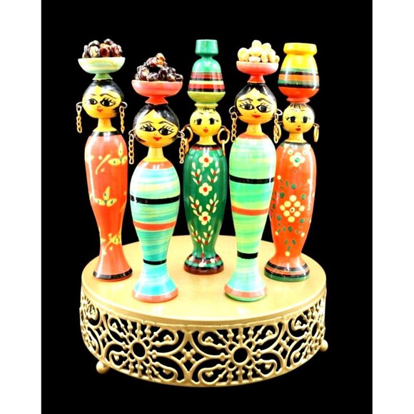 Vintage Set of Egyptian Folk Art Wooden Spindle Dolls.Vibrant Colors. Unique.